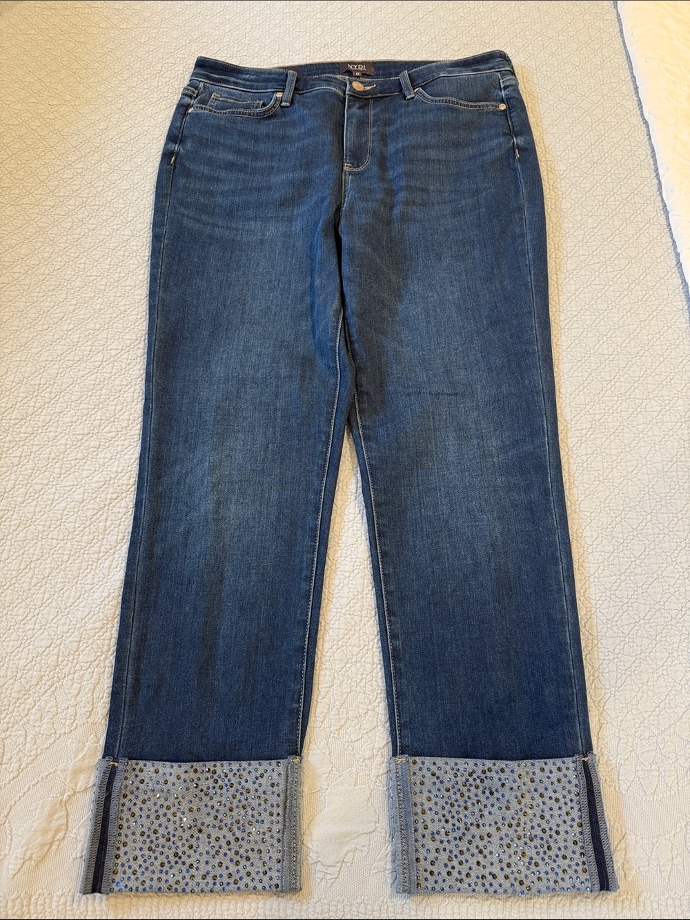 NYDJ Sherri Slim Indigo Cropped Straight Jeans with Studded Fold Cuffs